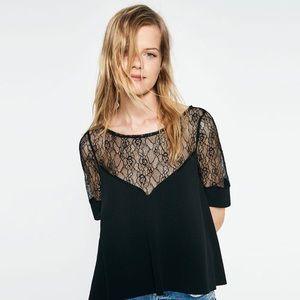 Zara Contrast Lace Black Flowy Top NWT